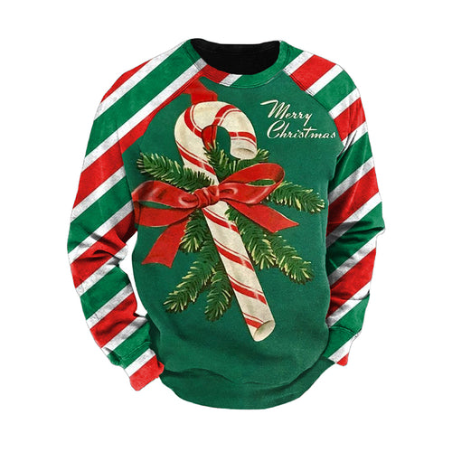 Christmas Cane Print Striped Color Block Sleeves Crew Neck Men'S Sweatshirt