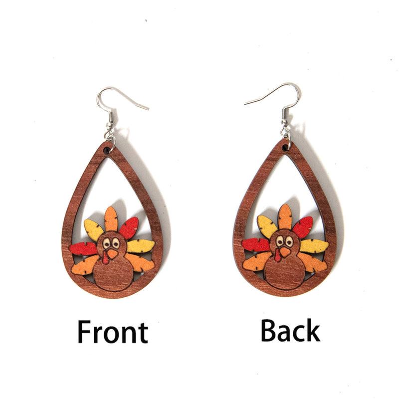 Thanksgiving Gift Autumn Hollow Turkey Drop Wood Earrings