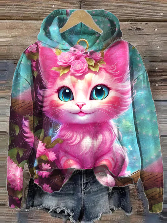 Women's Pink Cat Print Loose Hooded Sweatshirt