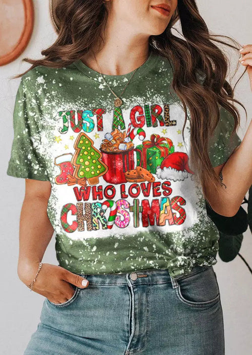 Just A Girl Who Loves Christmas Leopard Bleached T-Shirt Tee