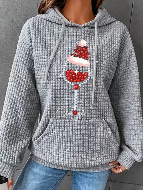 Women's Shiny Christmas Hat Red Wine Glass Casual Hoodie Cotton-Blend Hoodie