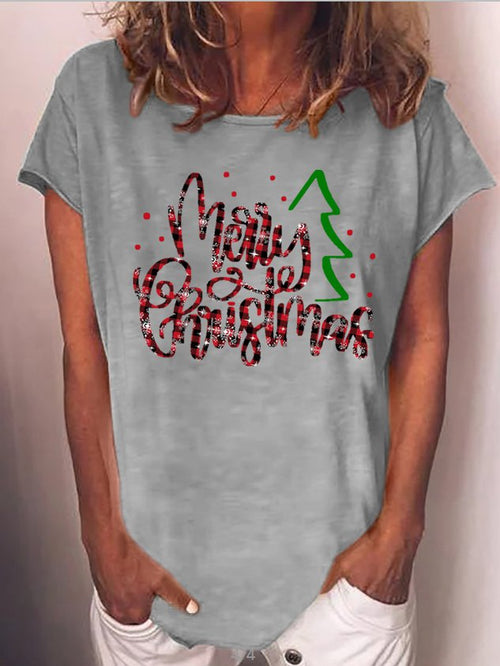Christmas print round neck short sleeve T-shirt