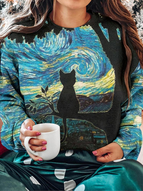 Oil Painting Black Cat Print Casual Sweatshirt