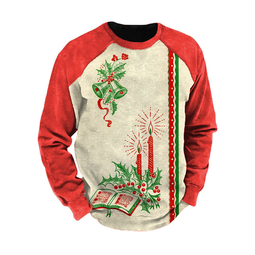 Christmas Candle Print Color Block Sleeve Crew Neck Men'S Sweatshirt