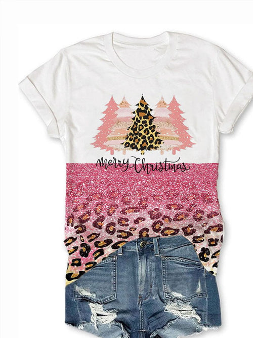 Fashion Leopard Christmas Tree Print Short Sleeve T-Shirt