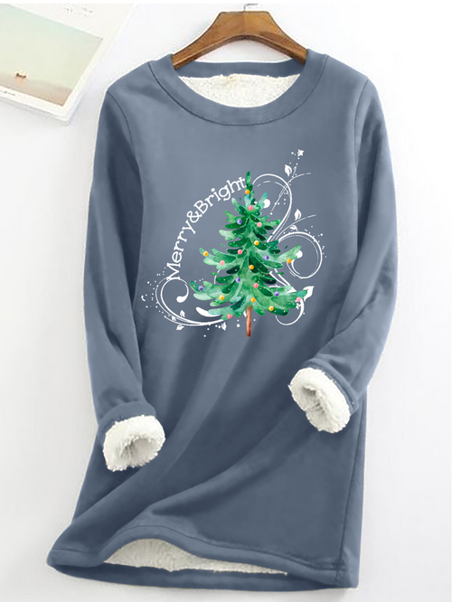 Cotton-Blend Casual Christmas Tree Crew Neck Fleece Sweatshirt