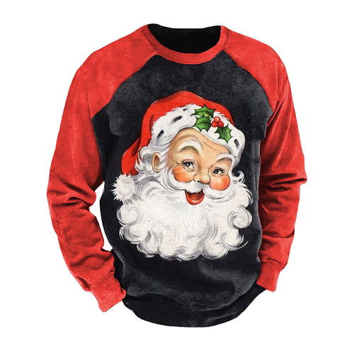 Santa Claus Print Color Block Sleeve Crew Neck Men's Sweatshirt