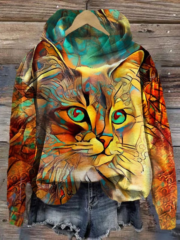 Fashion Art Cat Print Hoodie
