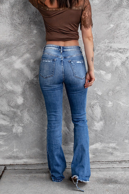 Distressed High Waist Retro Stretch Slim Fit Slightly Flared Jeans