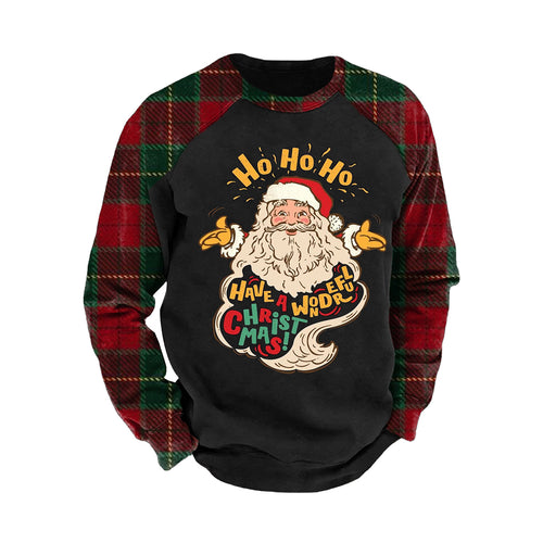 Santa Ho Printed Plaid Sleeves Round Neck Men'S Sweatshirt