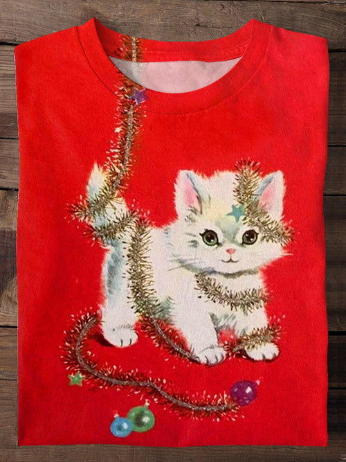 Vintage Retro Christmas Cat Print T-shirt