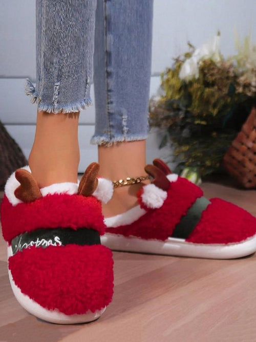 Christmas Letters Embroidery Color Block Fluffy Toe-covered Slippers