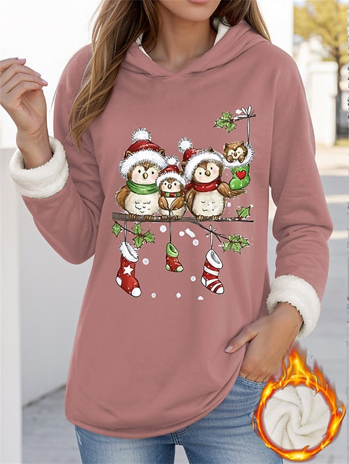 Women's Christmas snowman print hooded fleece thermal sweatshirt