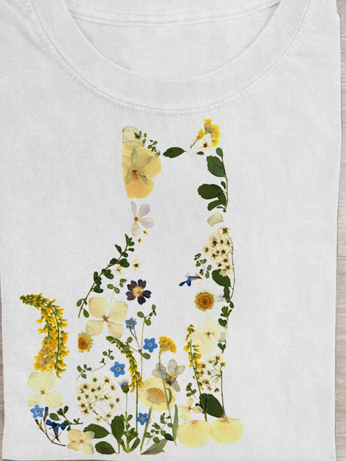 Floral Cat  Art Print Casual T-Shirt
