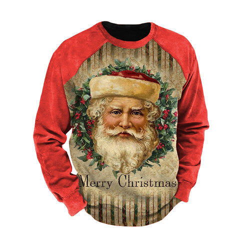 Merry Christmas Old Man Print Color Block Sleeve Crew Neck Men's Sweatshirt