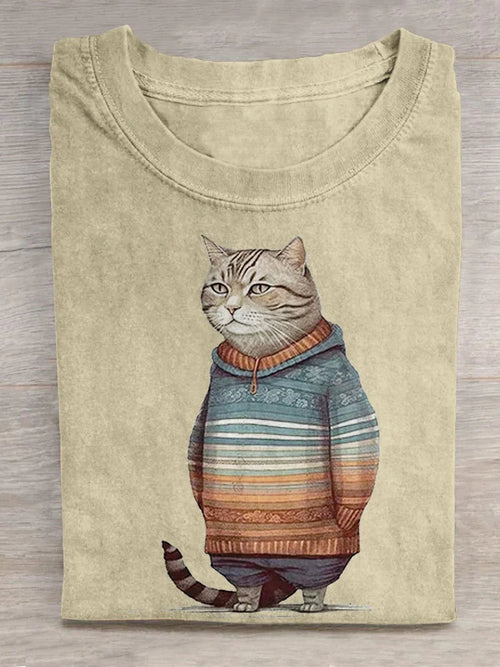 Cute Winter Cat Art Pattern Print Casual T-Shirt