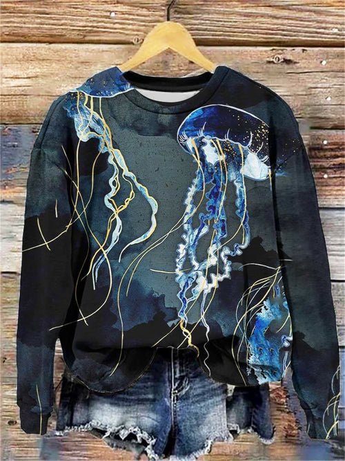Metallic Ocean Jellyfish Art Print Crew Neck Sweatshirt