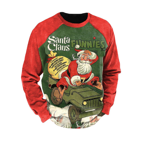 Santa Truck Print Color Block Sleeve Crew Neck Men'S Sweatshirt