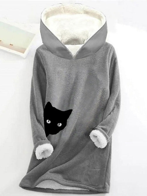 Women's Black Cat Funny Animal Print Hooded Fleece Thermal Sweatshirt