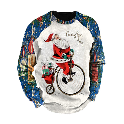 Santa Ride Print Color Block Sleeve Crew Neck Men's Sweatshirt