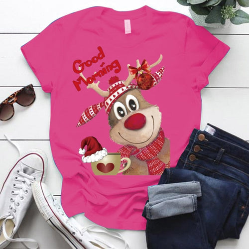 Christmas Reindeer Good Morning Printed Holiday Women Tshirts Plus Size S-5xl Funny Cute Tops  Christmas T Shirt for Ladies