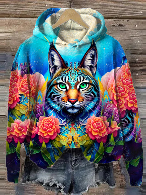 Women's Warrior Cat Print Loose Hooded Sweatshirt