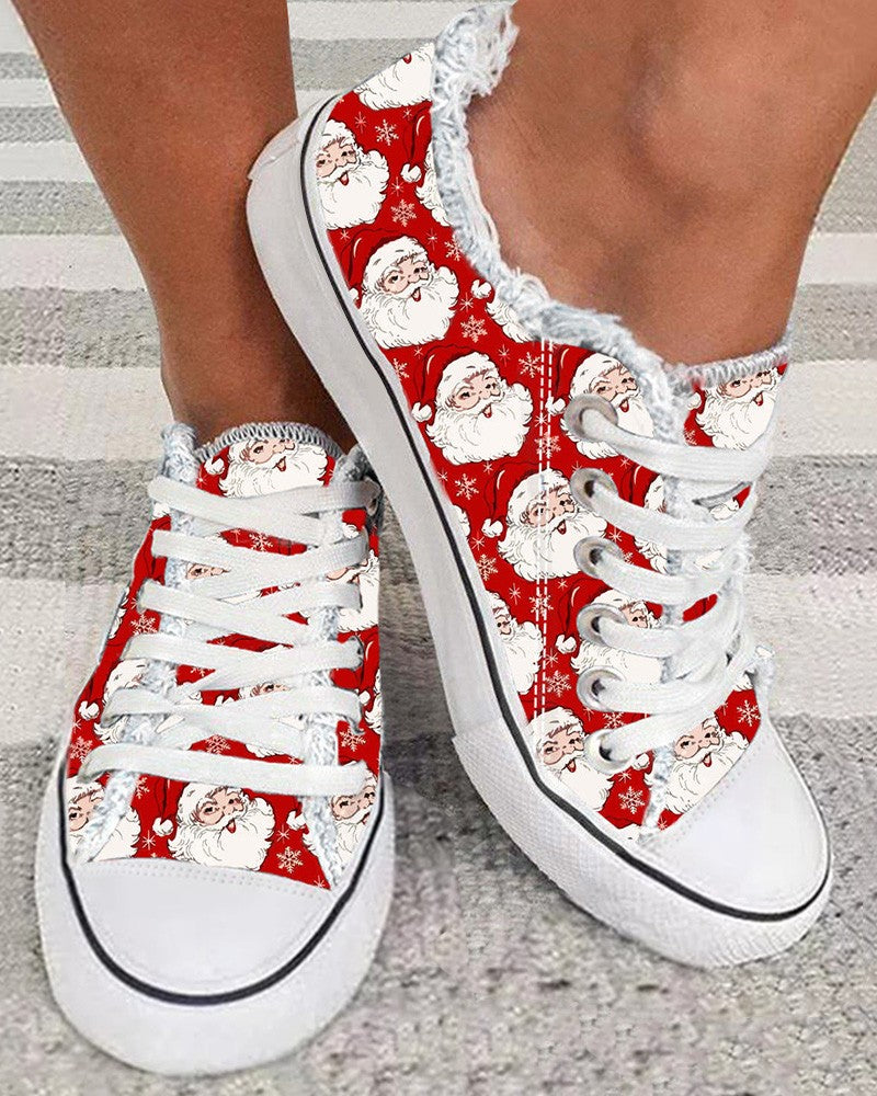 Christmas Snowflake Santa Clause Print Lace-up Sneakers
