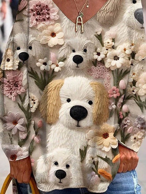 Women's Cute Dogs Floral Art Pattern Print Casual Sweatshirt