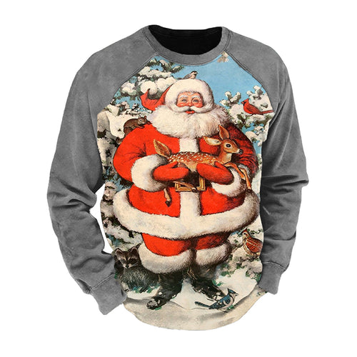Santa Claus Retro Print Color Block Sleeve Crew Neck Men'S Sweatshirt
