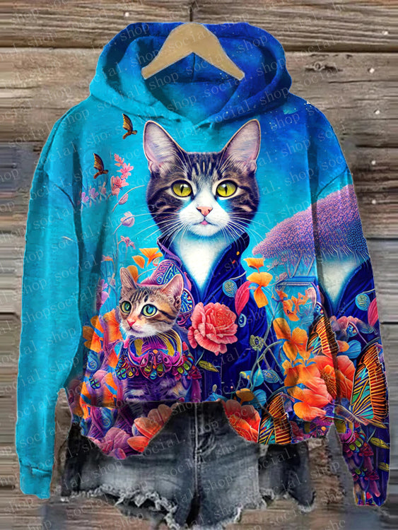 Women's Cat Butterfly Print Loose Hooded Sweatshirt